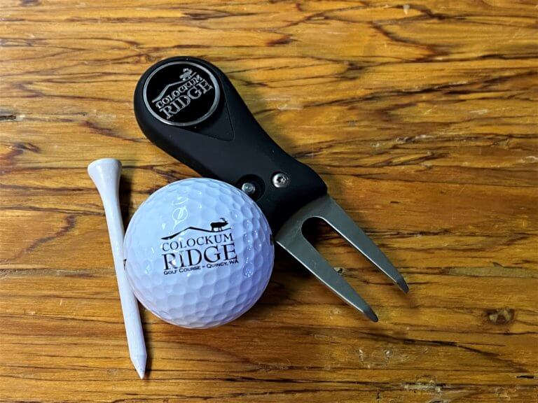 Golf ball, tee, and divot tool on wood surface