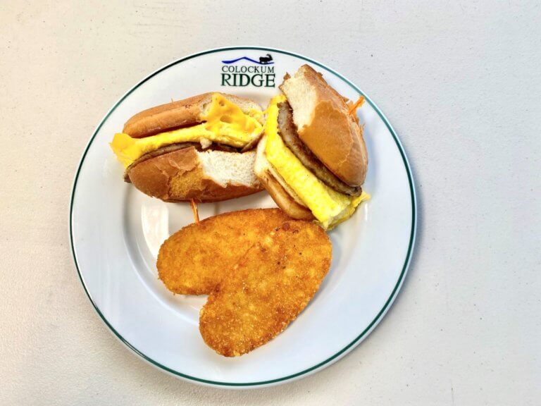 Breakfast sandwich with eggs and hash browns on a plate